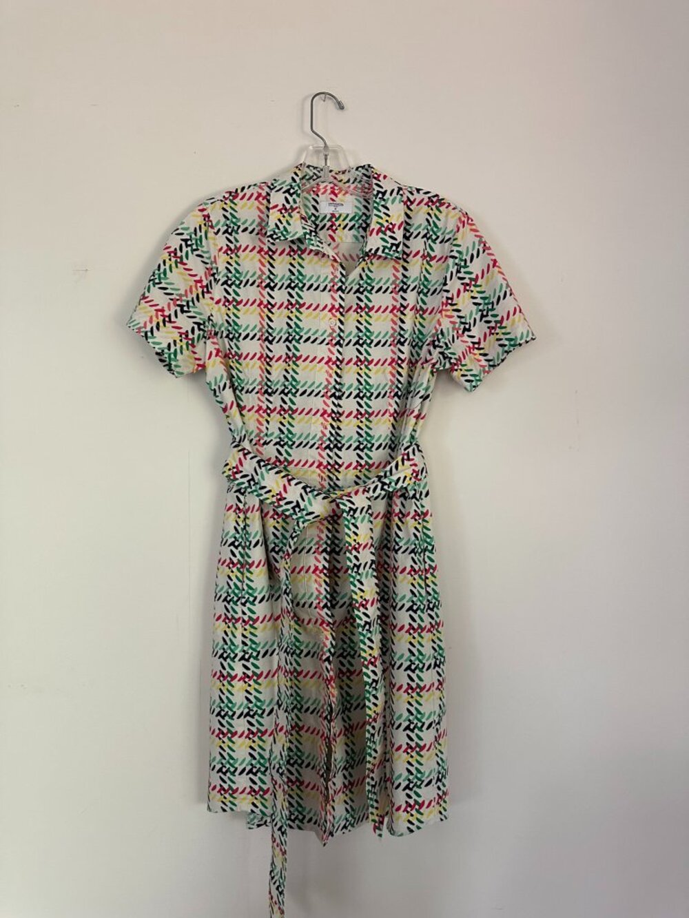 UNTUCKit Imogen White Shirt Dress with Pink, Green, Yellow & Black Plain SIZE 6